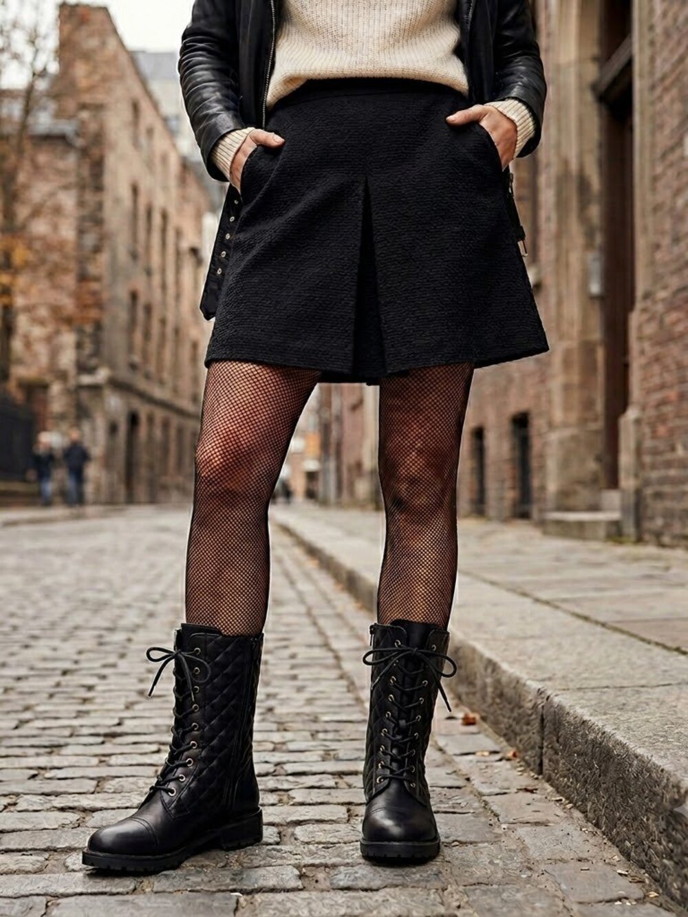 Combat Boots Motorcycle Boots Black Quilted Lace-Up Size 7 Lug Sole